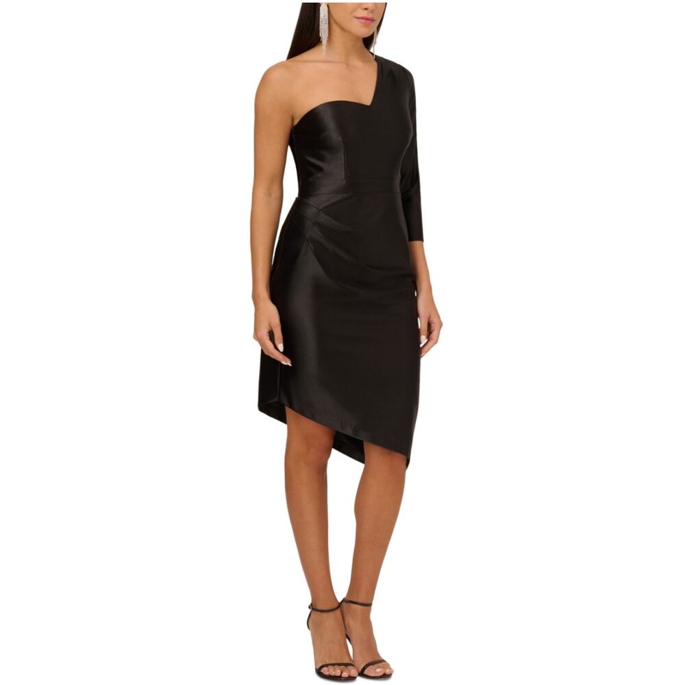 Adrianna Papell Black Cocktail Dress Satin One Shoulder Midi Sheath LBD Size 10